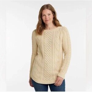 L.L. Bean Signature Tunic Sweater Womens Size L Ivory Cable Knit Side Zips READ